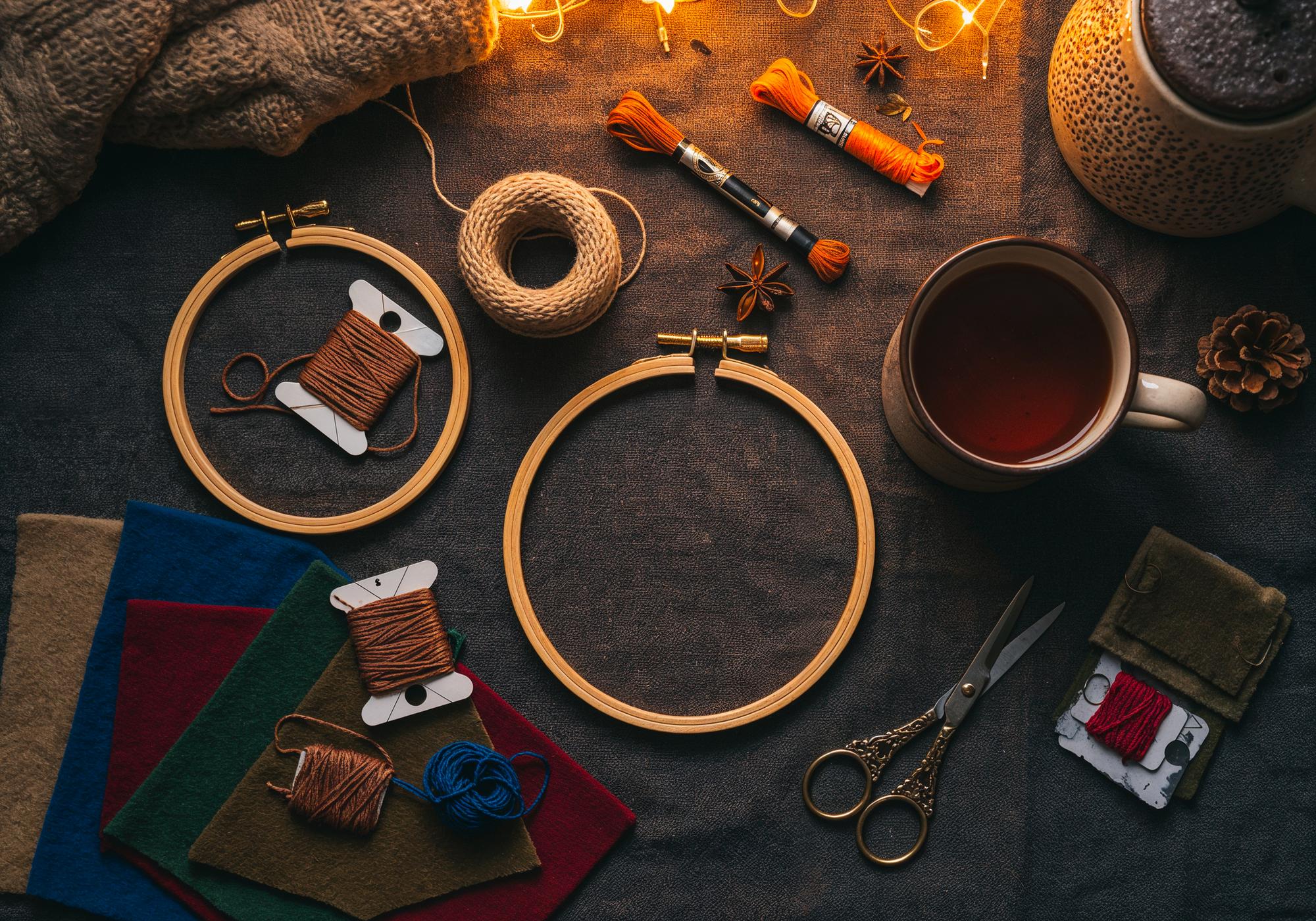 Workshop tools and threads arranged neatly